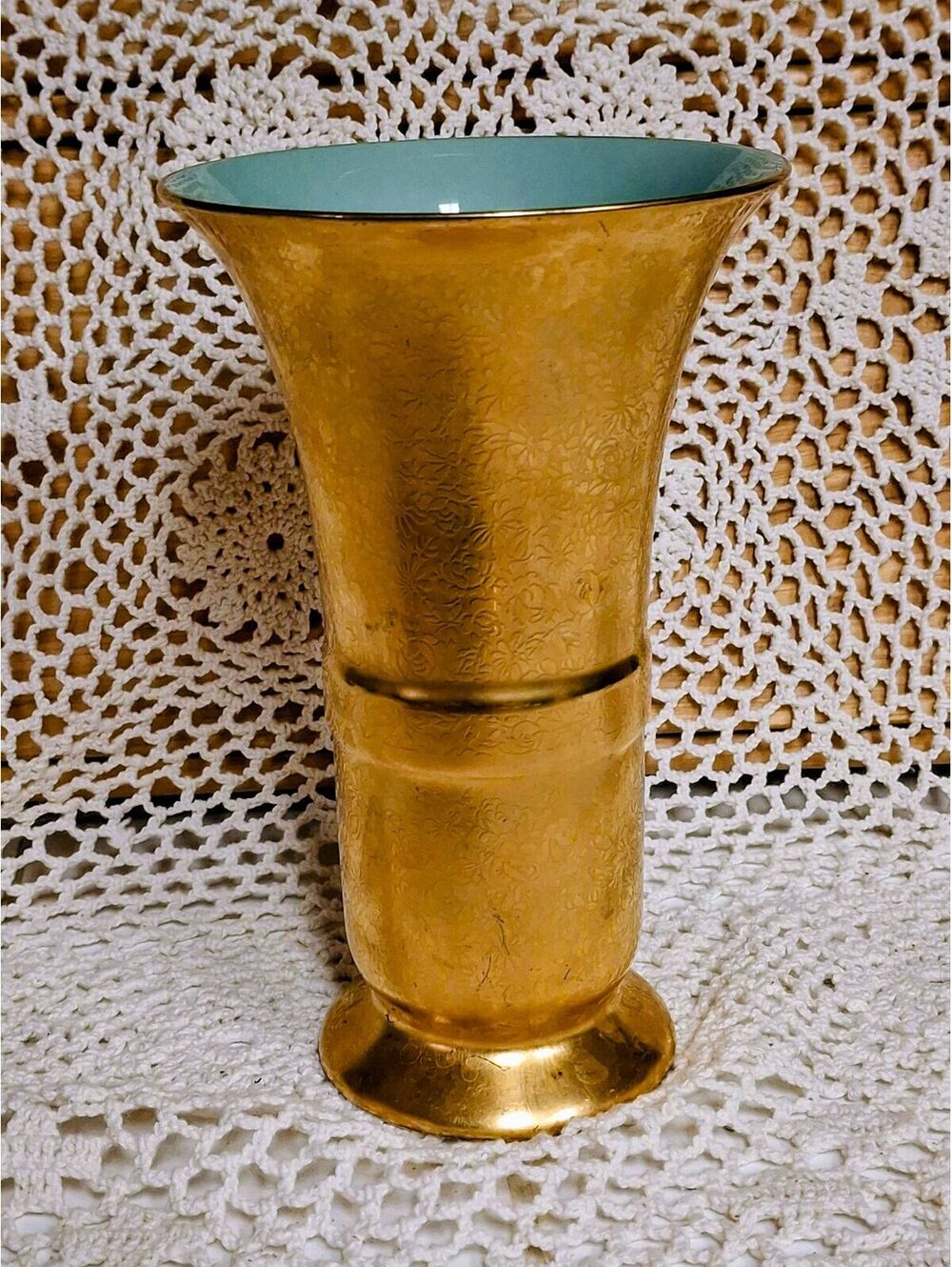 Pickard China 853 Gold Overlay Floral Vase Aqua Blue Interior - Used